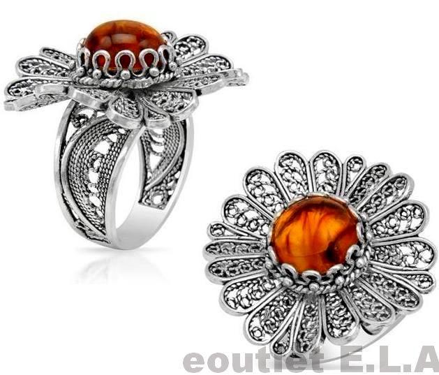 GENUINE AMBER FILIGREE SOLID SILVER COCKTAIL RING-size 8